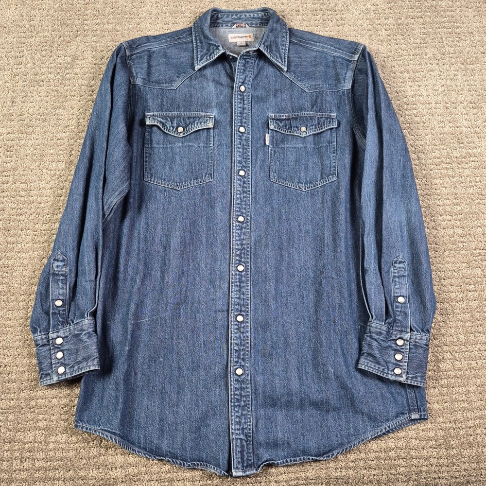 Carhartt Shirt Mens L Tall Ironwood Denim Western Pearl Snap Workwear